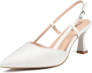 Women' s Closed Kitten Heels, Pointed Toe Bow Pumps Wedding Slingback High Heeled Prom Dress Shoes
