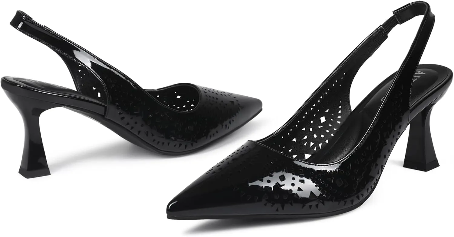 Women' s Closed Kitten Heels, Pointed Toe Bow Pumps Wedding Slingback High Heeled Prom Dress Shoes