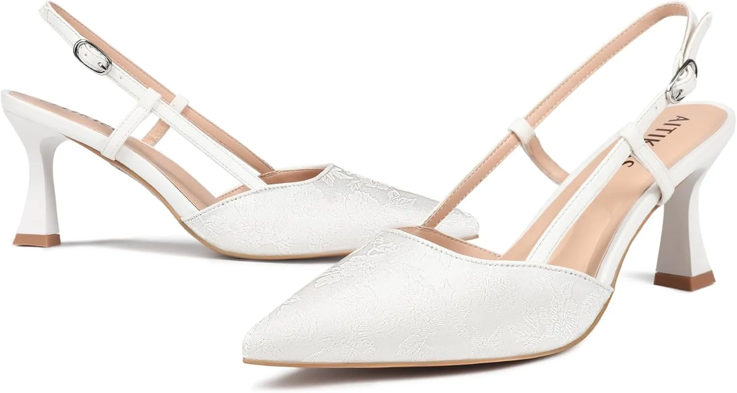 Women' s Closed Kitten Heels, Pointed Toe Bow Pumps Wedding Slingback High Heeled Prom Dress Shoes