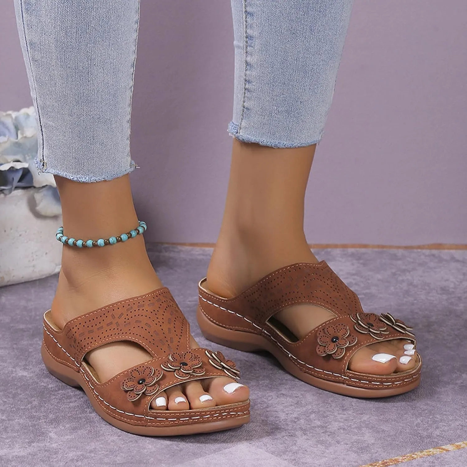 Women Vintage Beach Sandals Arch Support Comfortable Slides Summer Casual Slip on Sandal Dressy Slippers