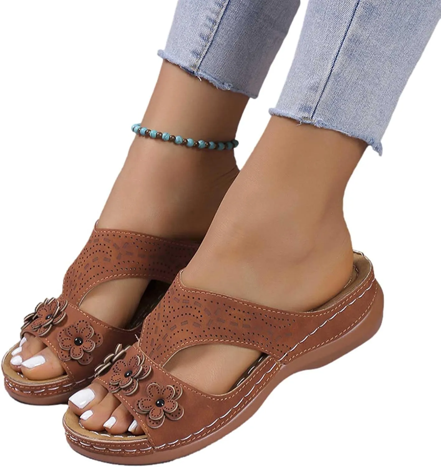 Women Vintage Beach Sandals Arch Support Comfortable Slides Summer Casual Slip on Sandal Dressy Slippers