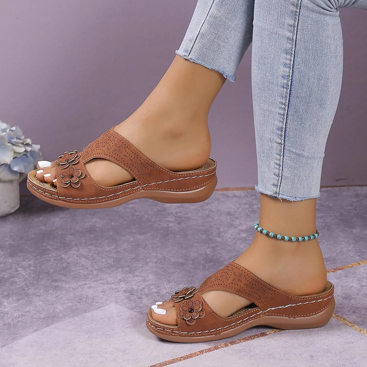 Women Vintage Beach Sandals Arch Support Comfortable Slides Summer Casual Slip on Sandal Dressy Slippers
