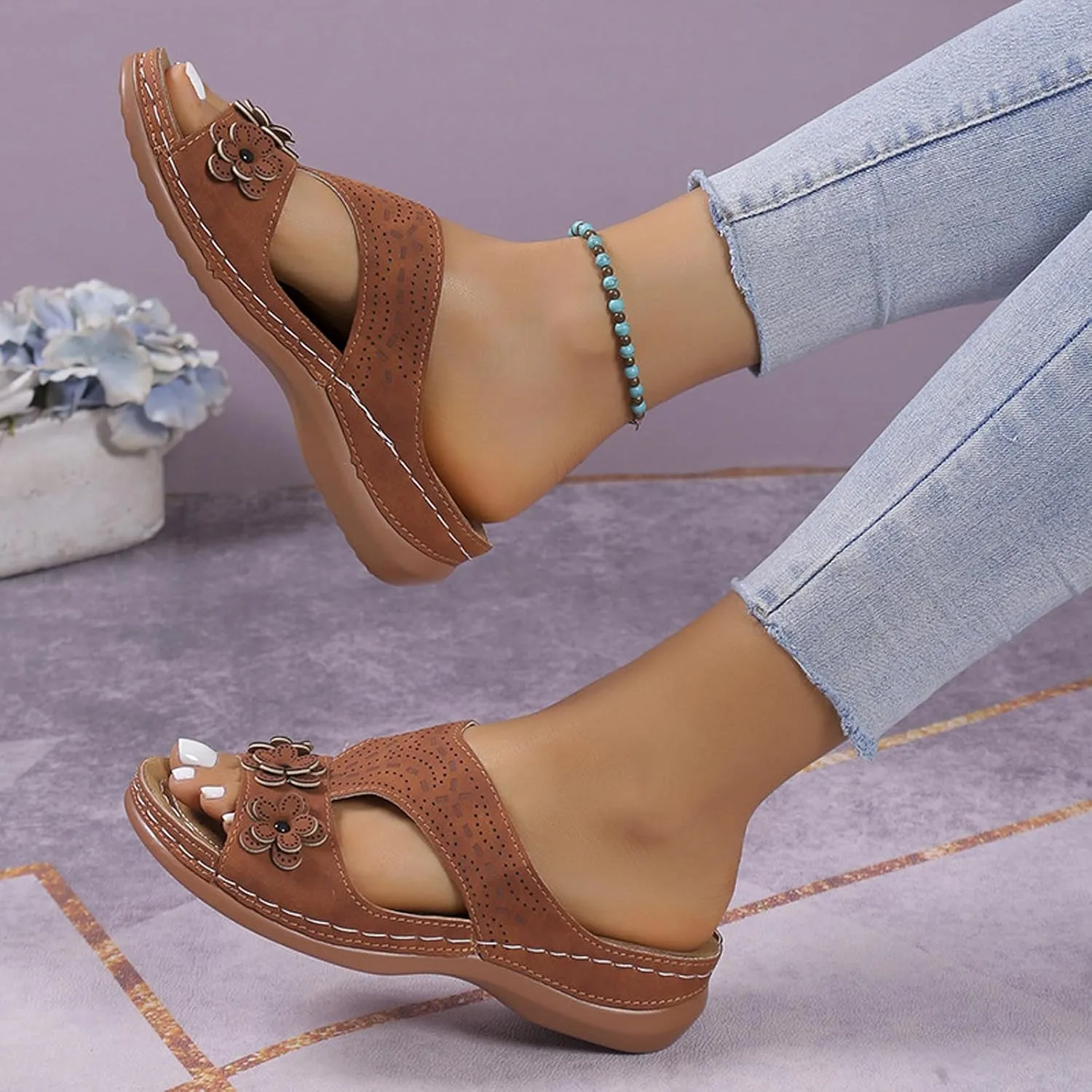 Women Vintage Beach Sandals Arch Support Comfortable Slides Summer Casual Slip on Sandal Dressy Slippers