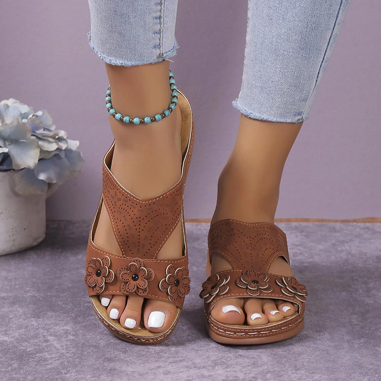 Women Vintage Beach Sandals Arch Support Comfortable Slides Summer Casual Slip on Sandal Dressy Slippers