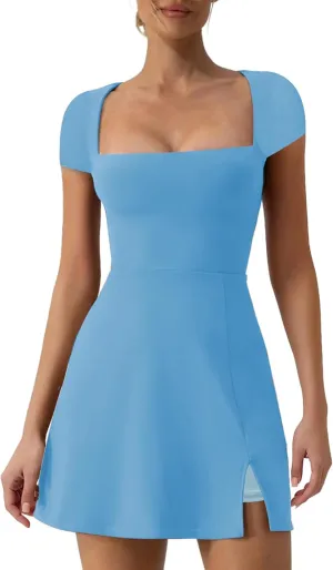 Women's Athletic Tennis Dress with Shorts Square Neck Short Sleeve Workout Golf Side Slit Casual Mini Dress