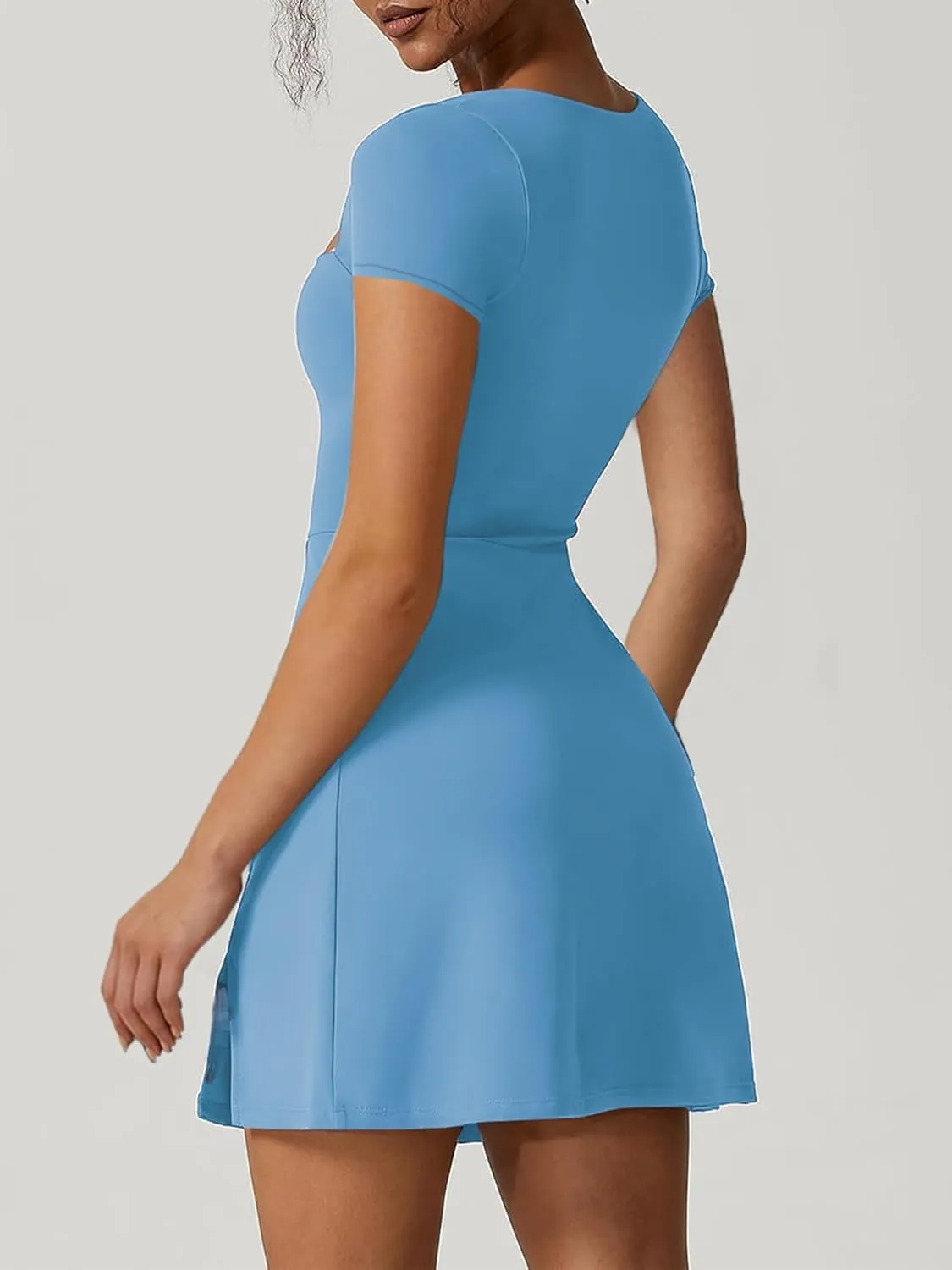 Women's Athletic Tennis Dress with Shorts Square Neck Short Sleeve Workout Golf Side Slit Casual Mini Dress