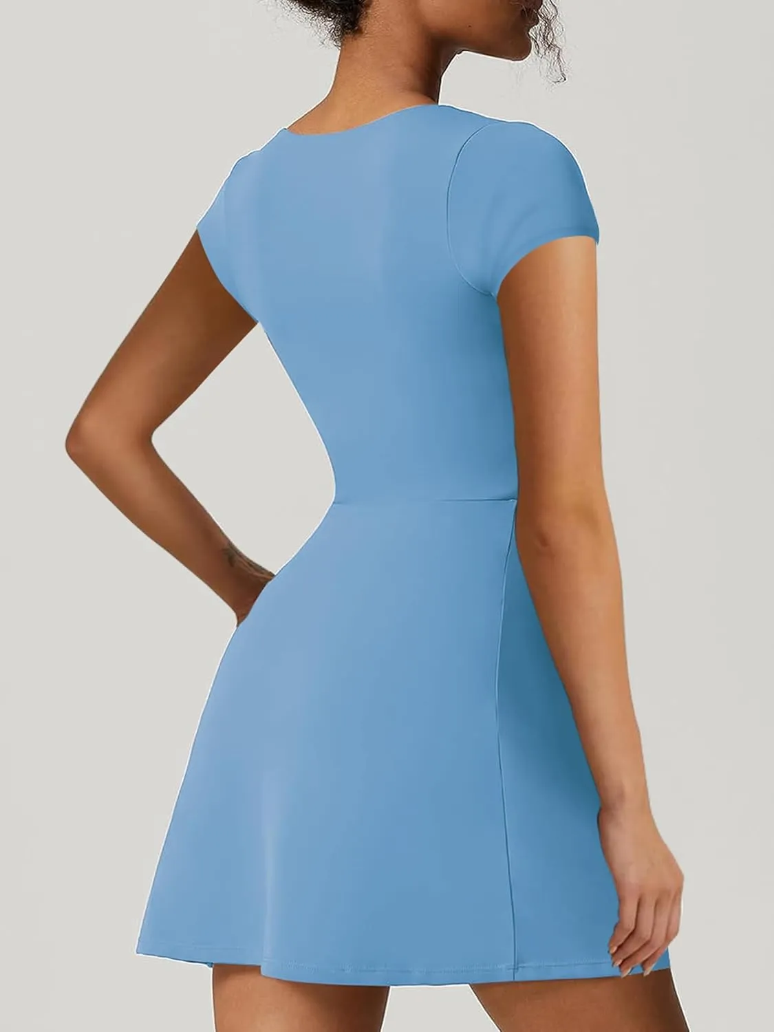 Women's Athletic Tennis Dress with Shorts Square Neck Short Sleeve Workout Golf Side Slit Casual Mini Dress