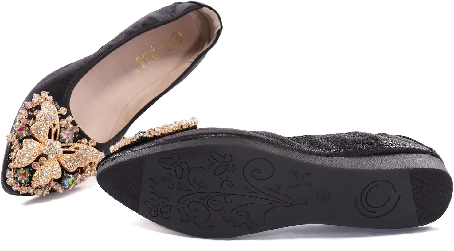 Womens Ballet Flats Foldable Rhinestone Pointed Toe Comfortable Slip on Wedding Flat Shoes Dress Flats for Women