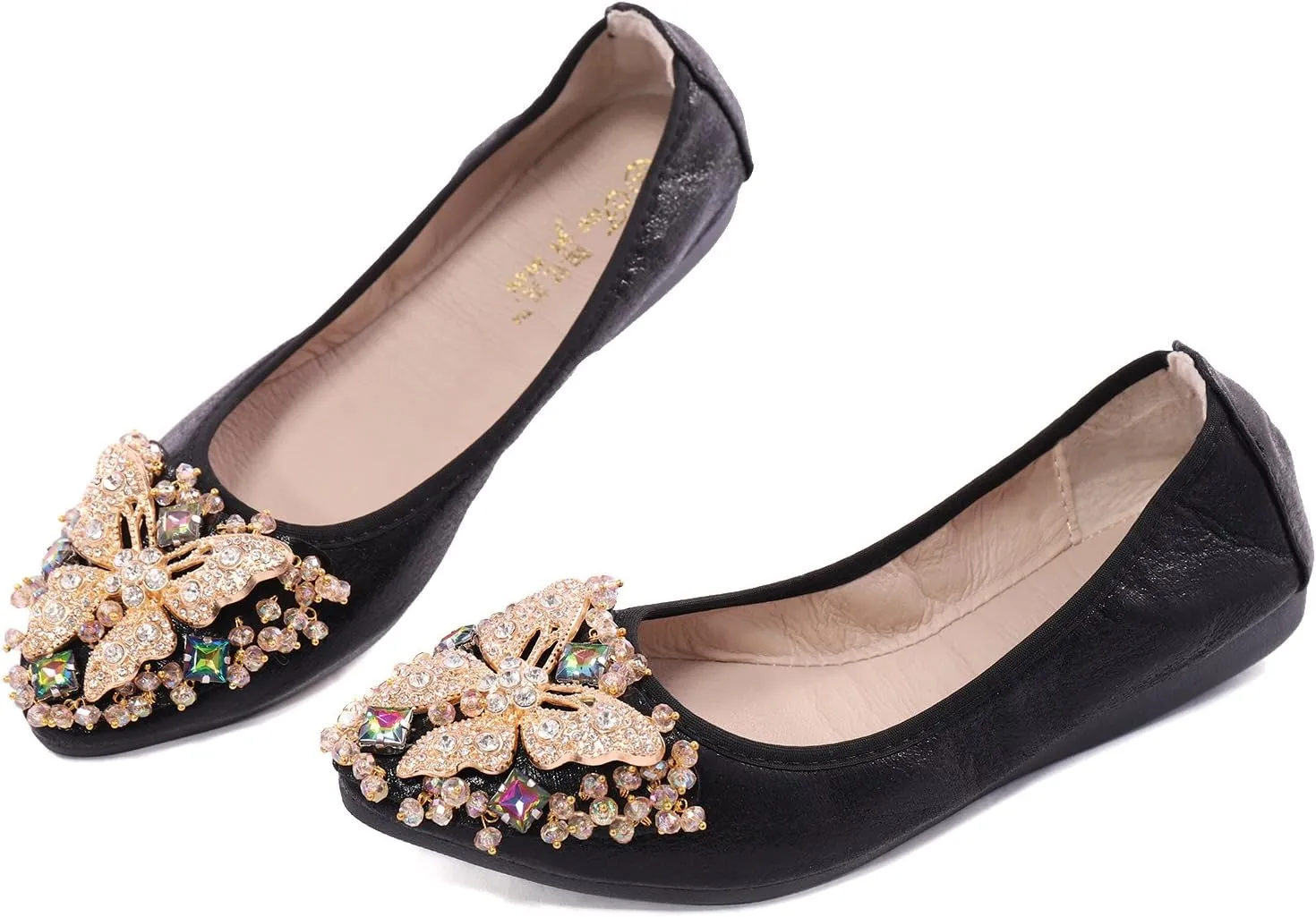 Womens Ballet Flats Foldable Rhinestone Pointed Toe Comfortable Slip on Wedding Flat Shoes Dress Flats for Women
