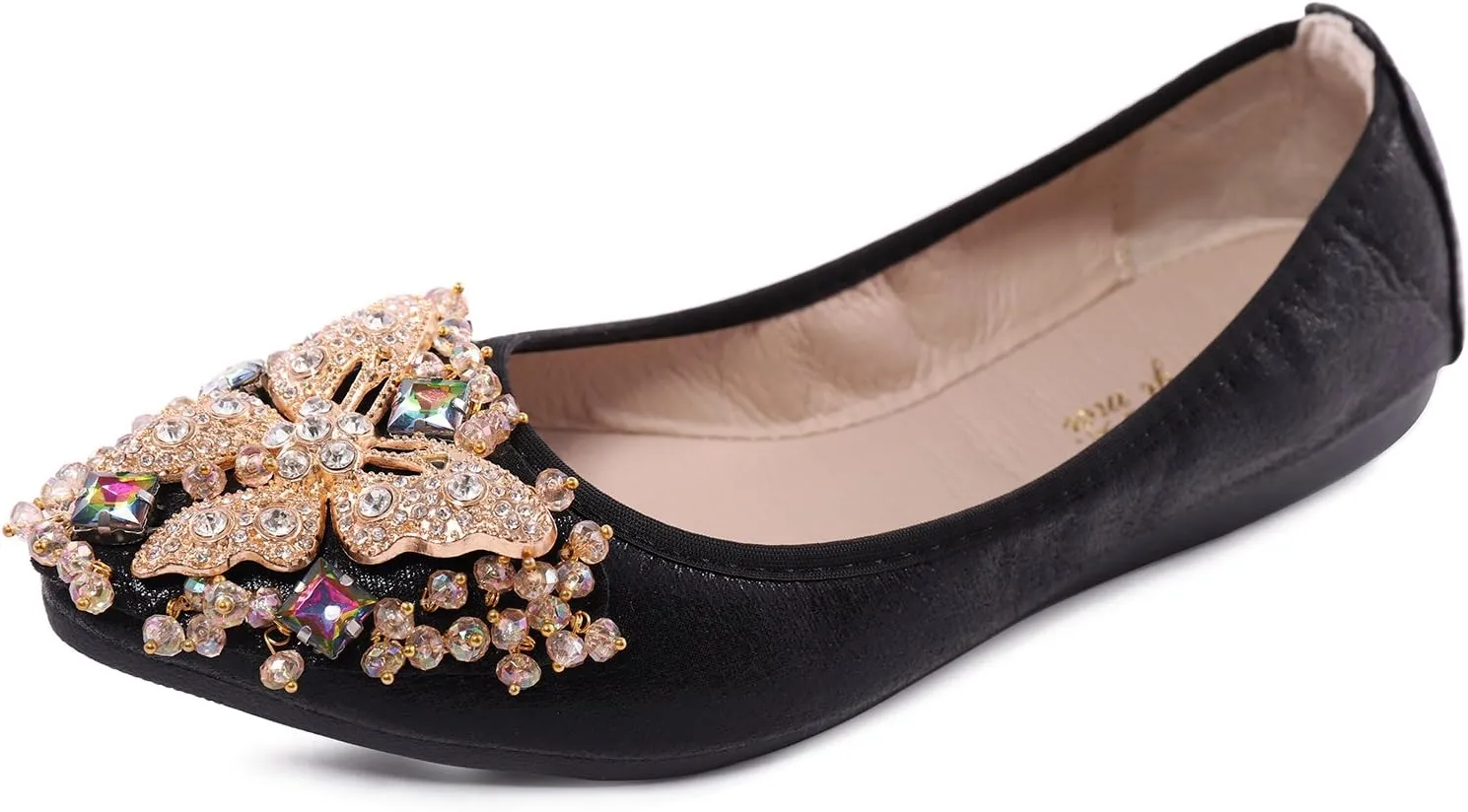 Womens Ballet Flats Foldable Rhinestone Pointed Toe Comfortable Slip on Wedding Flat Shoes Dress Flats for Women