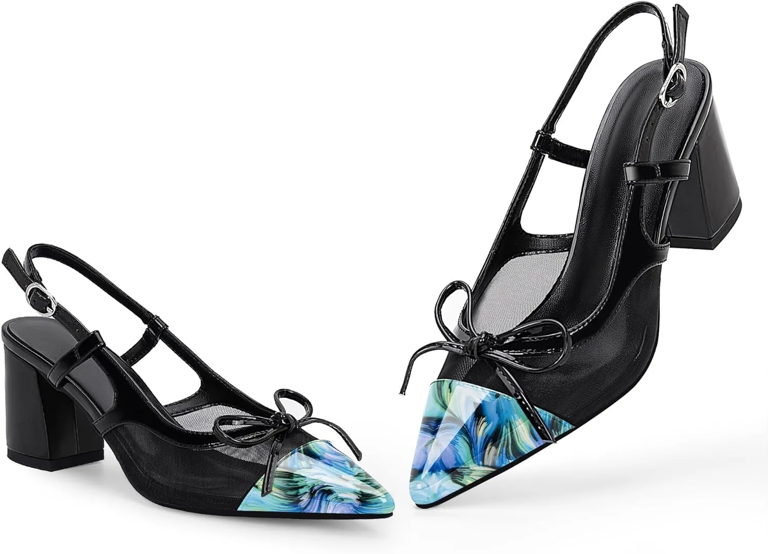Women’s Black Pointed Toe High Heels – Elegant Mesh Bowknot Block Heel Pumps with Ankle Strap for Party Wedding Office Wear