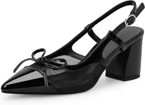 Women’s Black Pointed Toe High Heels – Elegant Mesh Bowknot Block Heel Pumps with Ankle Strap for Party Wedding Office Wear
