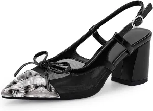 Women’s Black Pointed Toe High Heels – Elegant Mesh Bowknot Block Heel Pumps with Ankle Strap for Party Wedding Office Wear