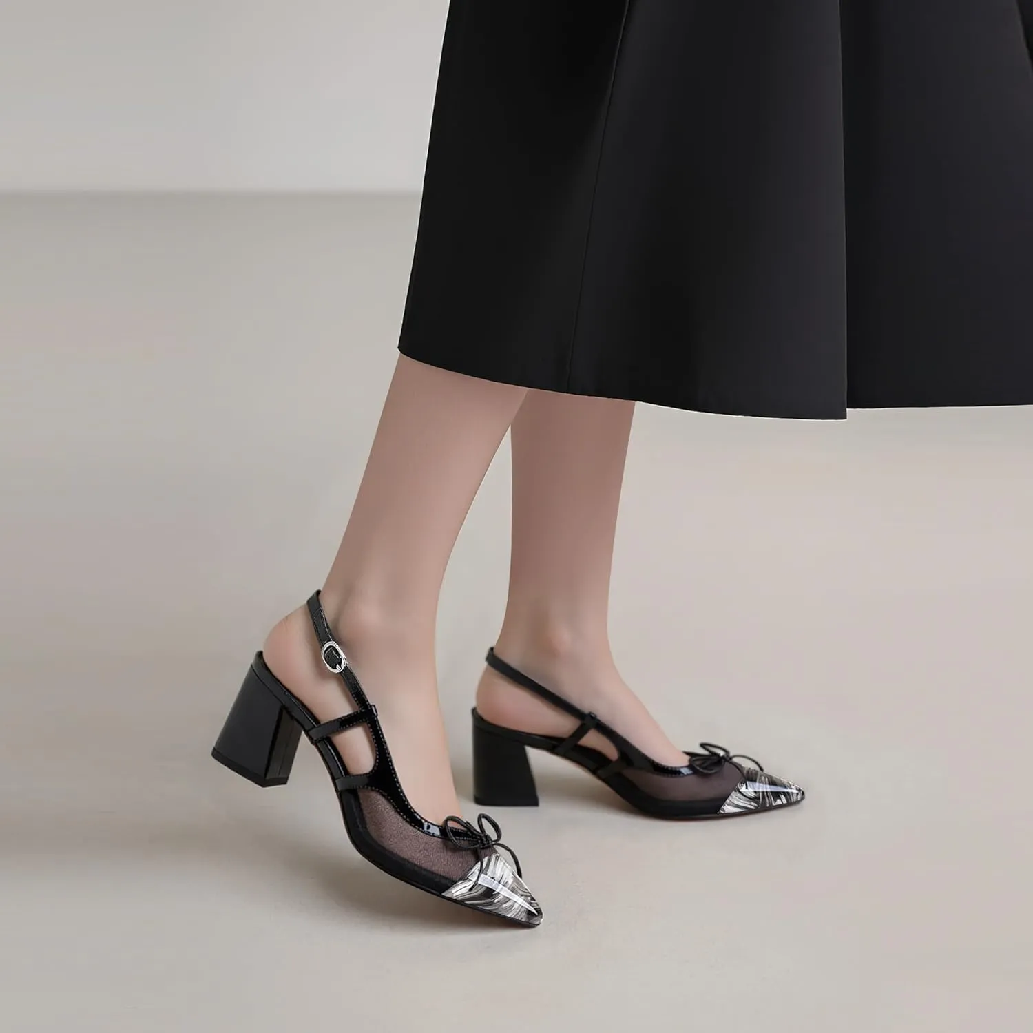 Women’s Black Pointed Toe High Heels – Elegant Mesh Bowknot Block Heel Pumps with Ankle Strap for Party Wedding Office Wear