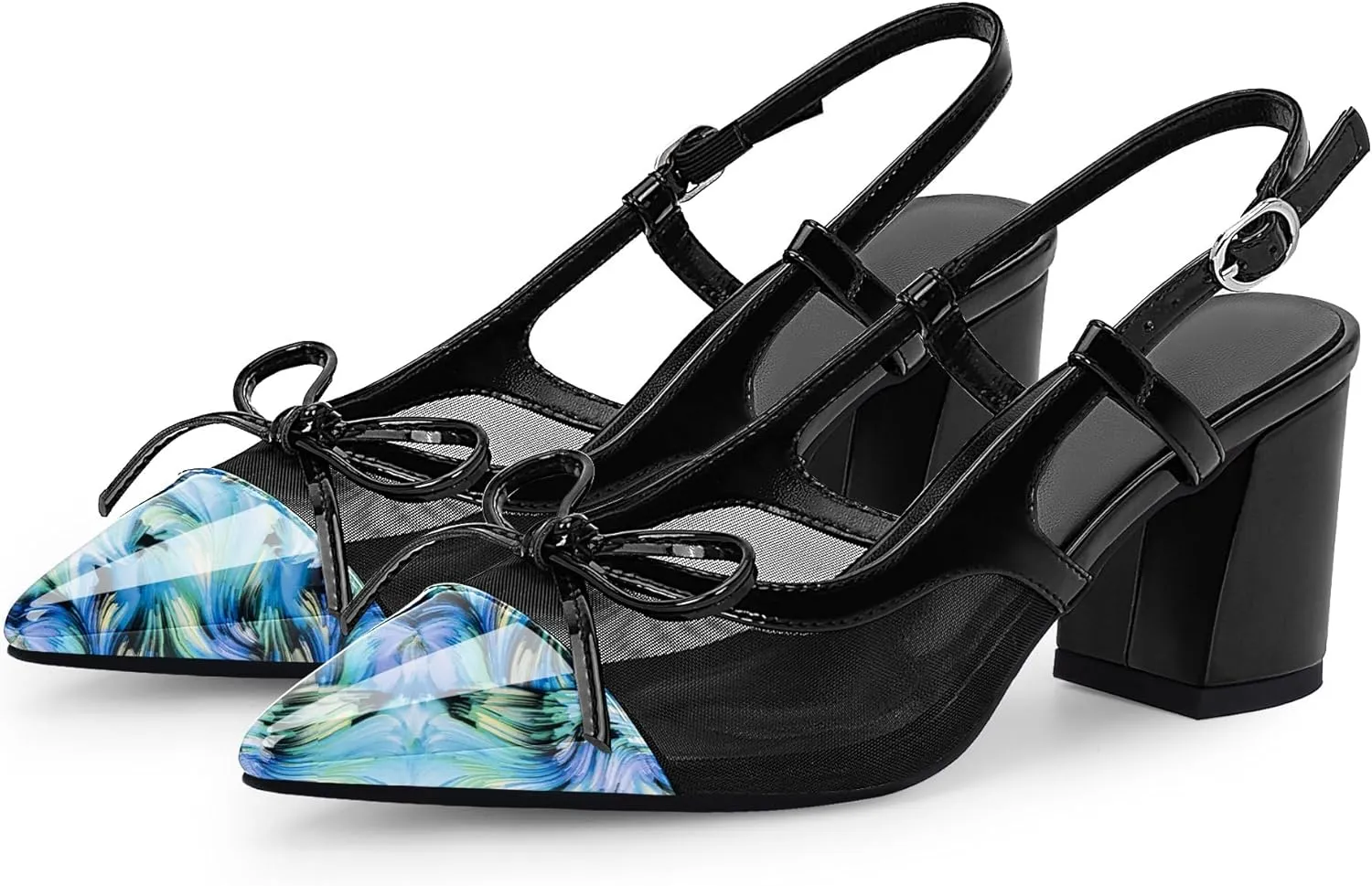 Women’s Black Pointed Toe High Heels – Elegant Mesh Bowknot Block Heel Pumps with Ankle Strap for Party Wedding Office Wear