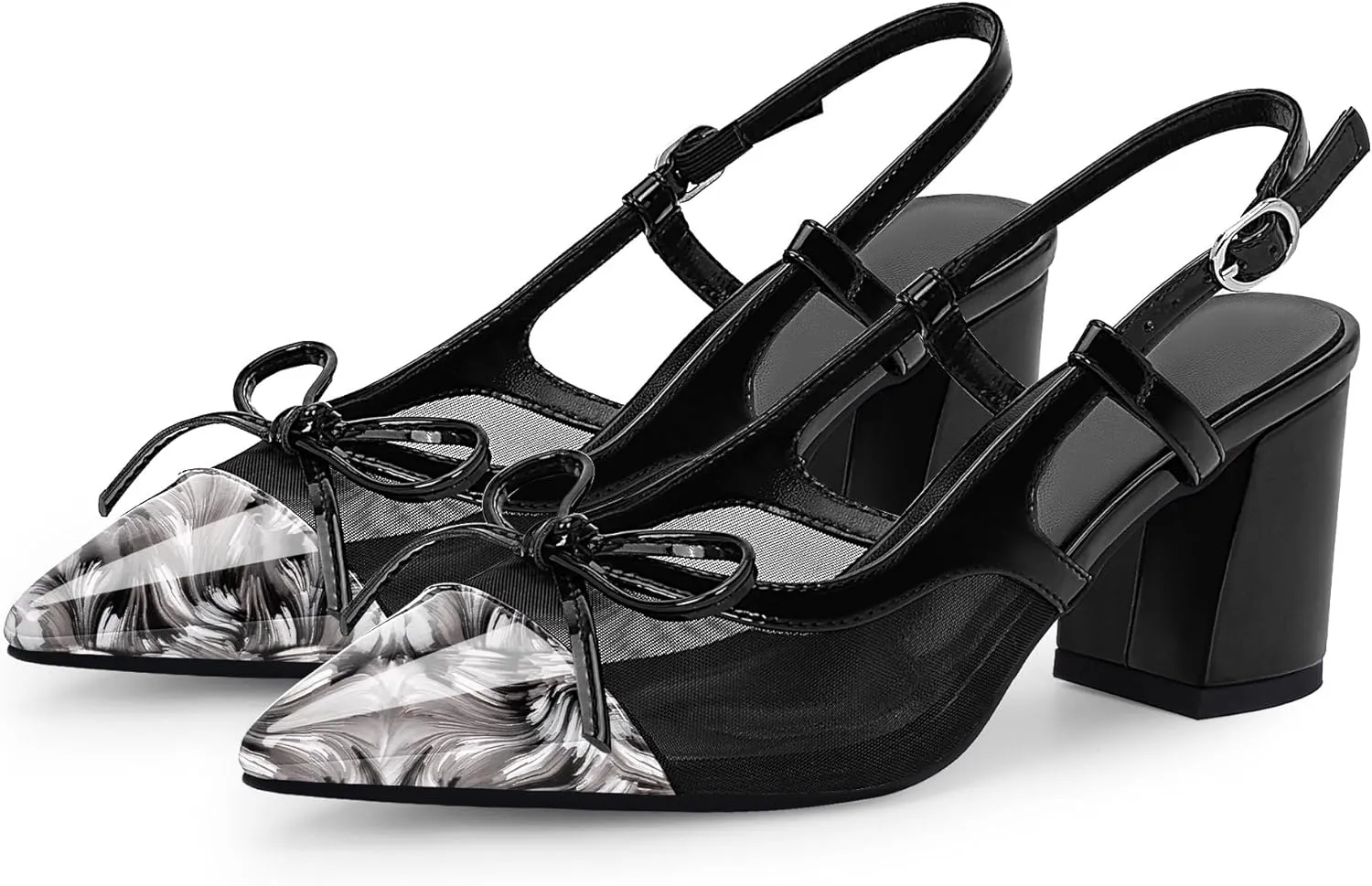 Women’s Black Pointed Toe High Heels – Elegant Mesh Bowknot Block Heel Pumps with Ankle Strap for Party Wedding Office Wear