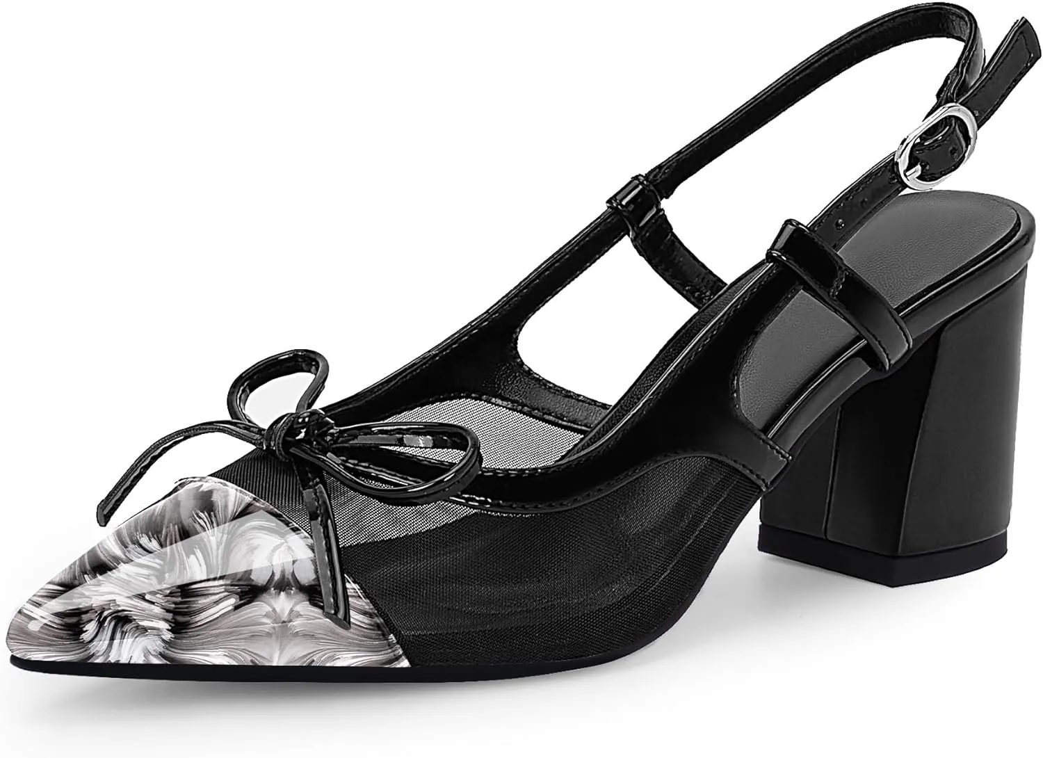 Women’s Black Pointed Toe High Heels – Elegant Mesh Bowknot Block Heel Pumps with Ankle Strap for Party Wedding Office Wear