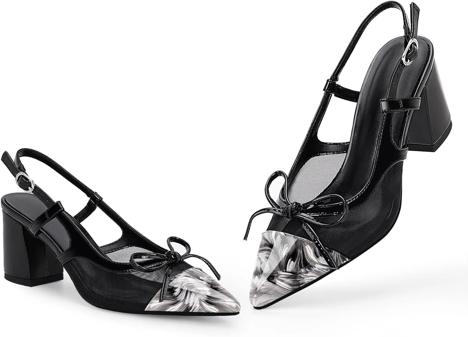 Women’s Black Pointed Toe High Heels – Elegant Mesh Bowknot Block Heel Pumps with Ankle Strap for Party Wedding Office Wear