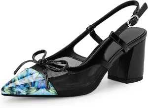 Women’s Black Pointed Toe High Heels – Elegant Mesh Bowknot Block Heel Pumps with Ankle Strap for Party Wedding Office Wear