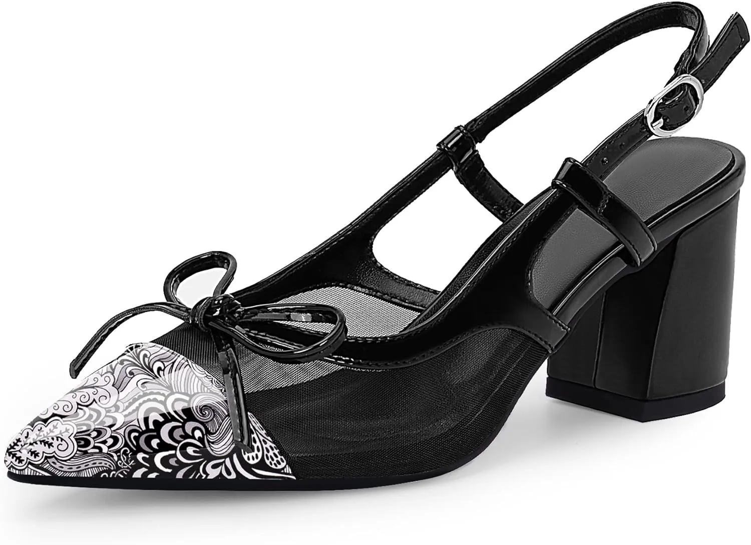 Women’s Black Pointed Toe High Heels – Elegant Mesh Bowknot Block Heel Pumps with Ankle Strap for Party Wedding Office Wear