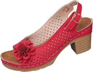 Women's Block Heel Sandals Summer Open Toe Ankle Buckle Strap Chunky Non Slip Casual Solid Color Hollow Out Floral Decor Sandals Lightweight Platform Wedge Fashion Footwear