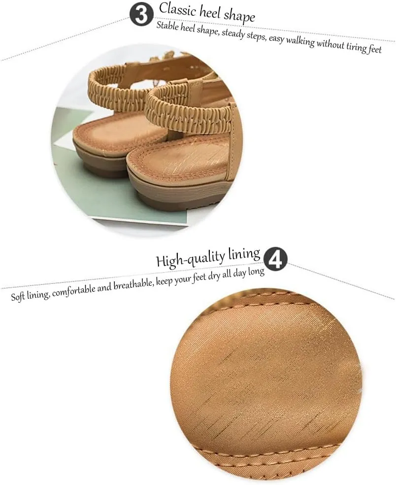 Womens Bohemian Floral Flat Sandals，Ladies Flower Accessory Round Toe Thong Flat Beach Sandals，Ankle Strap Thong Flip Flops