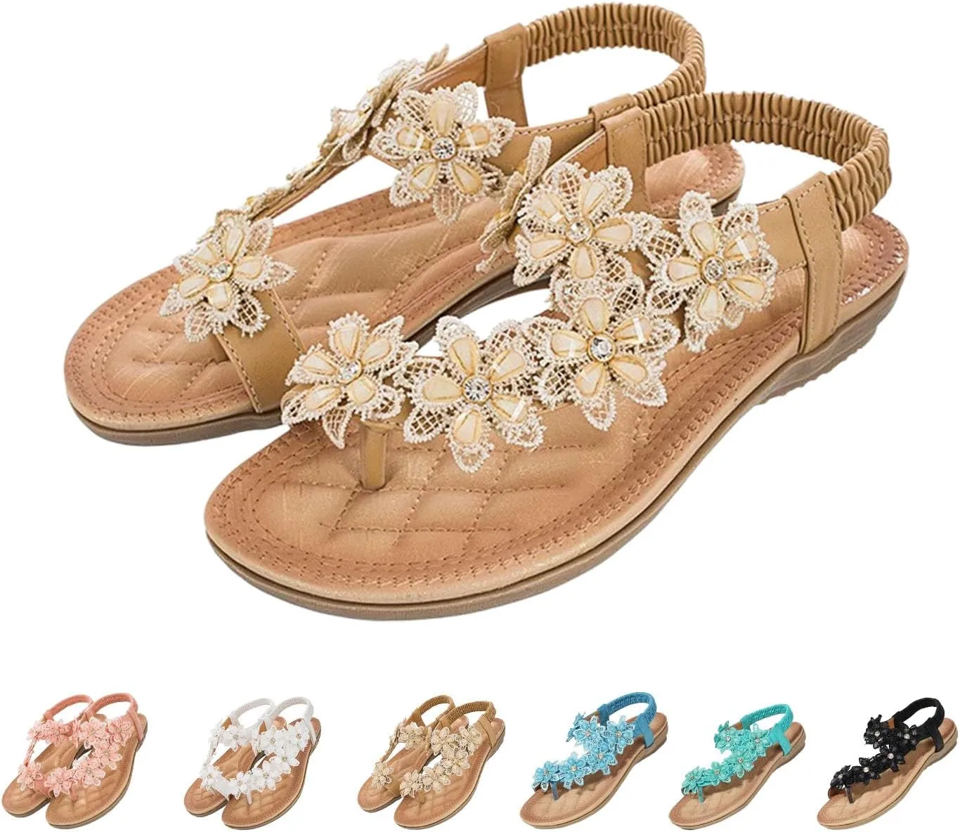 Womens Bohemian Floral Flat Sandals，Ladies Flower Accessory Round Toe Thong Flat Beach Sandals，Ankle Strap Thong Flip Flops