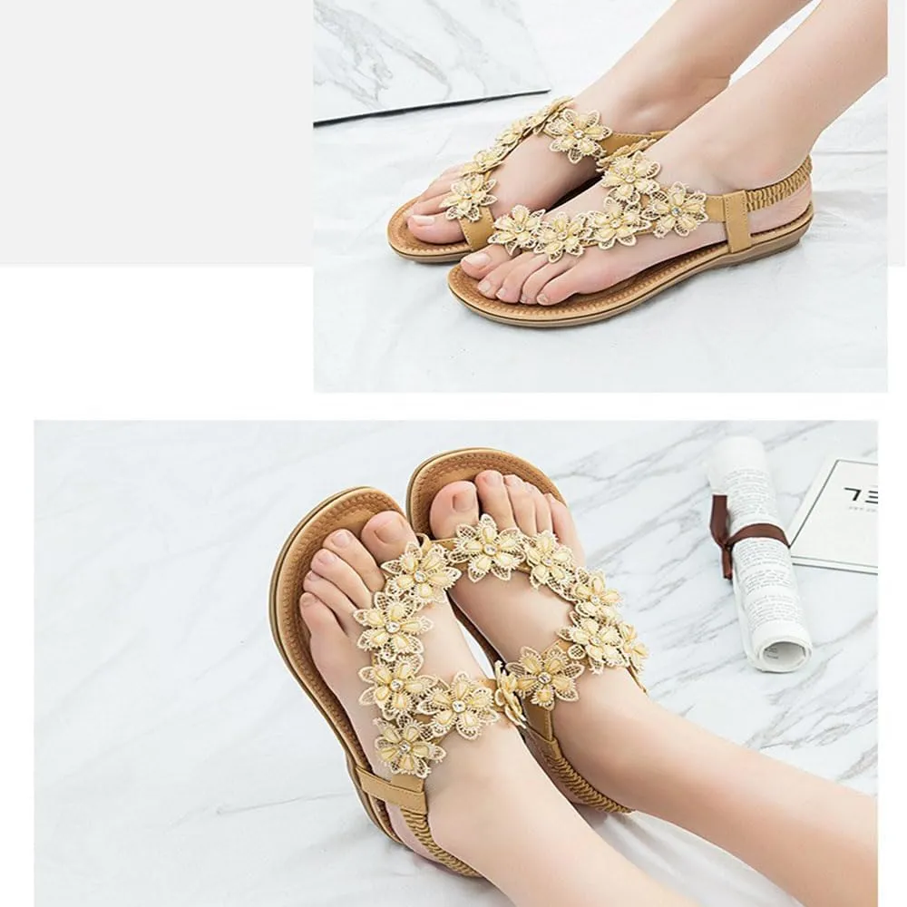 Womens Bohemian Floral Flat Sandals，Ladies Flower Accessory Round Toe Thong Flat Beach Sandals，Ankle Strap Thong Flip Flops