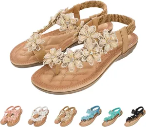 Womens Bohemian Floral Flat Sandals，Ladies Flower Accessory Round Toe Thong Flat Beach Sandals，Ankle Strap Thong Flip Flops