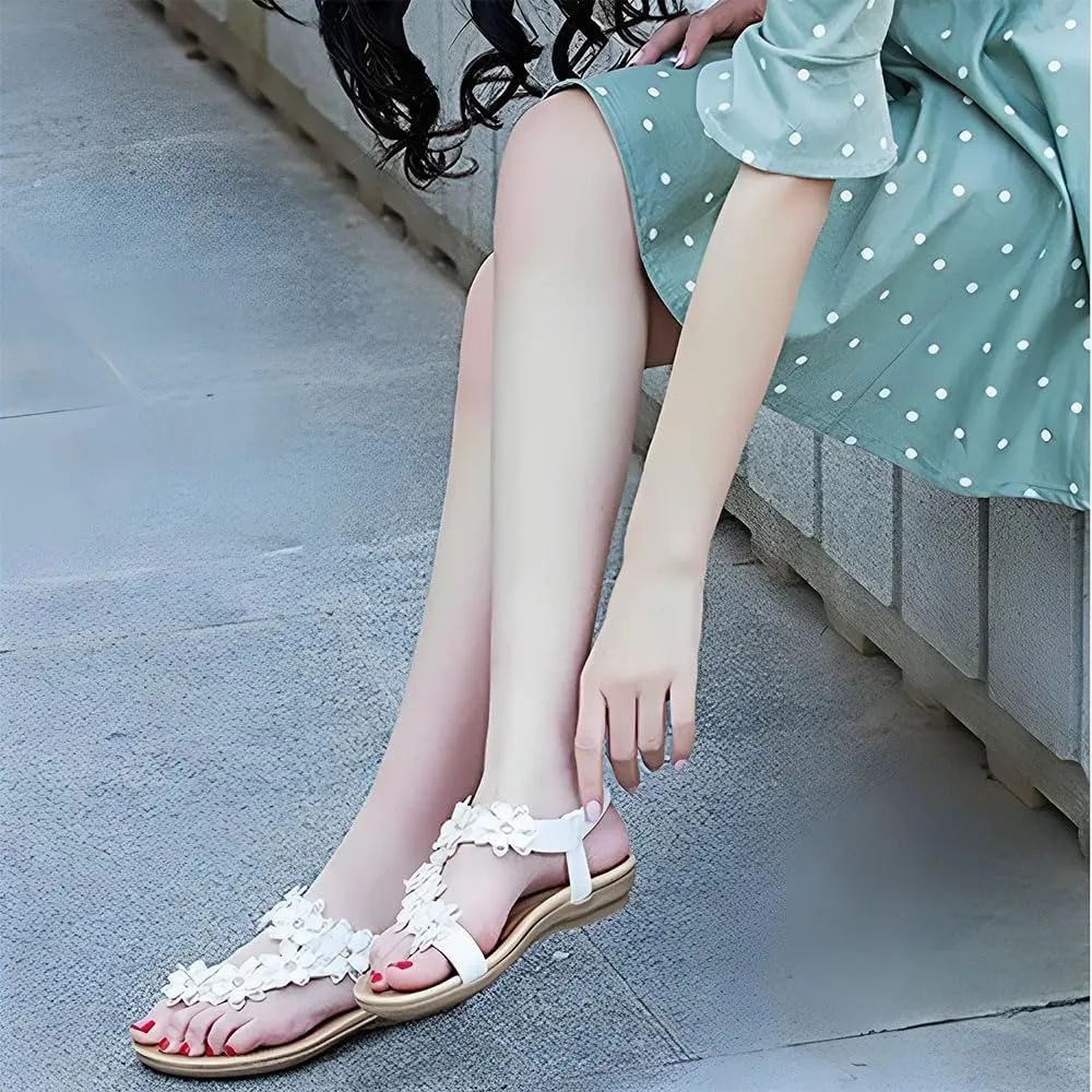 Womens Bohemian Floral Flat Sandals，Ladies Flower Accessory Round Toe Thong Flat Beach Sandals，Ankle Strap Thong Flip Flops
