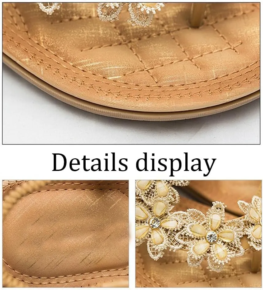 Womens Bohemian Floral Flat Sandals，Ladies Flower Accessory Round Toe Thong Flat Beach Sandals，Ankle Strap Thong Flip Flops