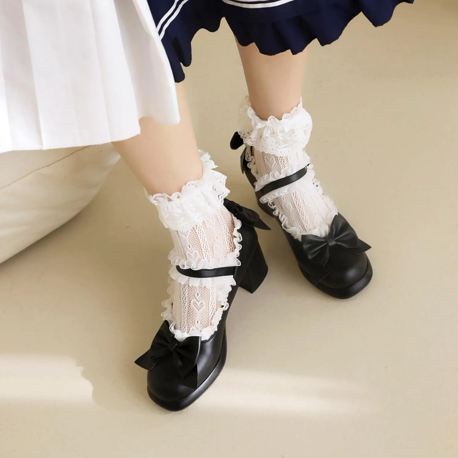 Women's Bow Cute Mary Janes Lolita Shoes, Ankle Strap Block Chunky Kawaii Heels, Closed Toe Cosplay Dress Platform Pumps