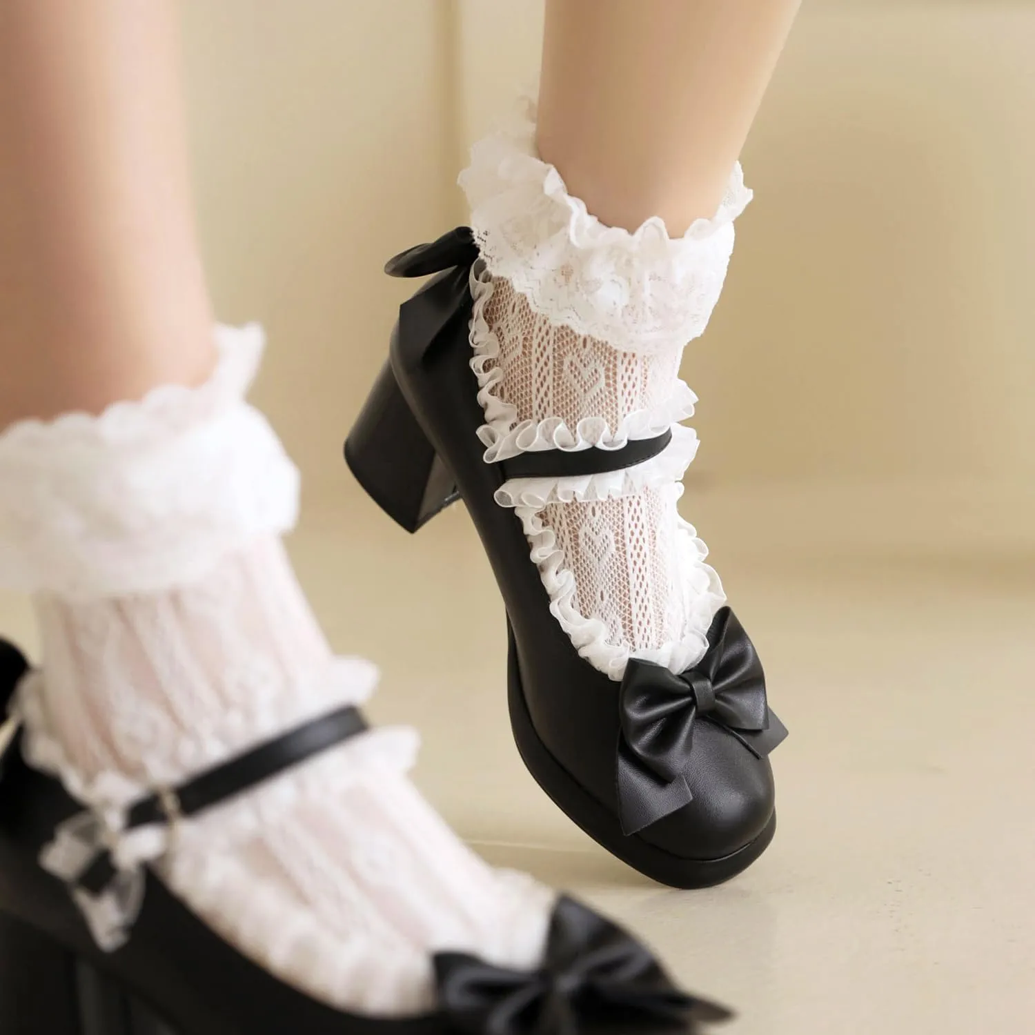 Women's Bow Cute Mary Janes Lolita Shoes, Ankle Strap Block Chunky Kawaii Heels, Closed Toe Cosplay Dress Platform Pumps