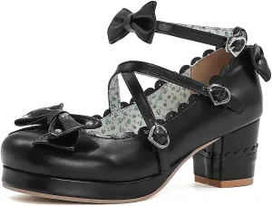Women's Bow Cute Mary Janes Lolita Shoes, Ankle Strap Block Chunky Kawaii Heels, Closed Toe Cosplay Dress Platform Pumps