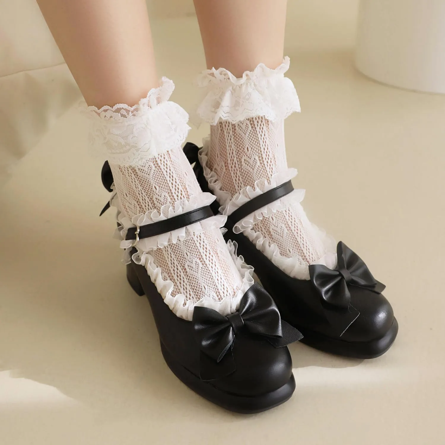 Women's Bow Cute Mary Janes Lolita Shoes, Ankle Strap Block Chunky Kawaii Heels, Closed Toe Cosplay Dress Platform Pumps