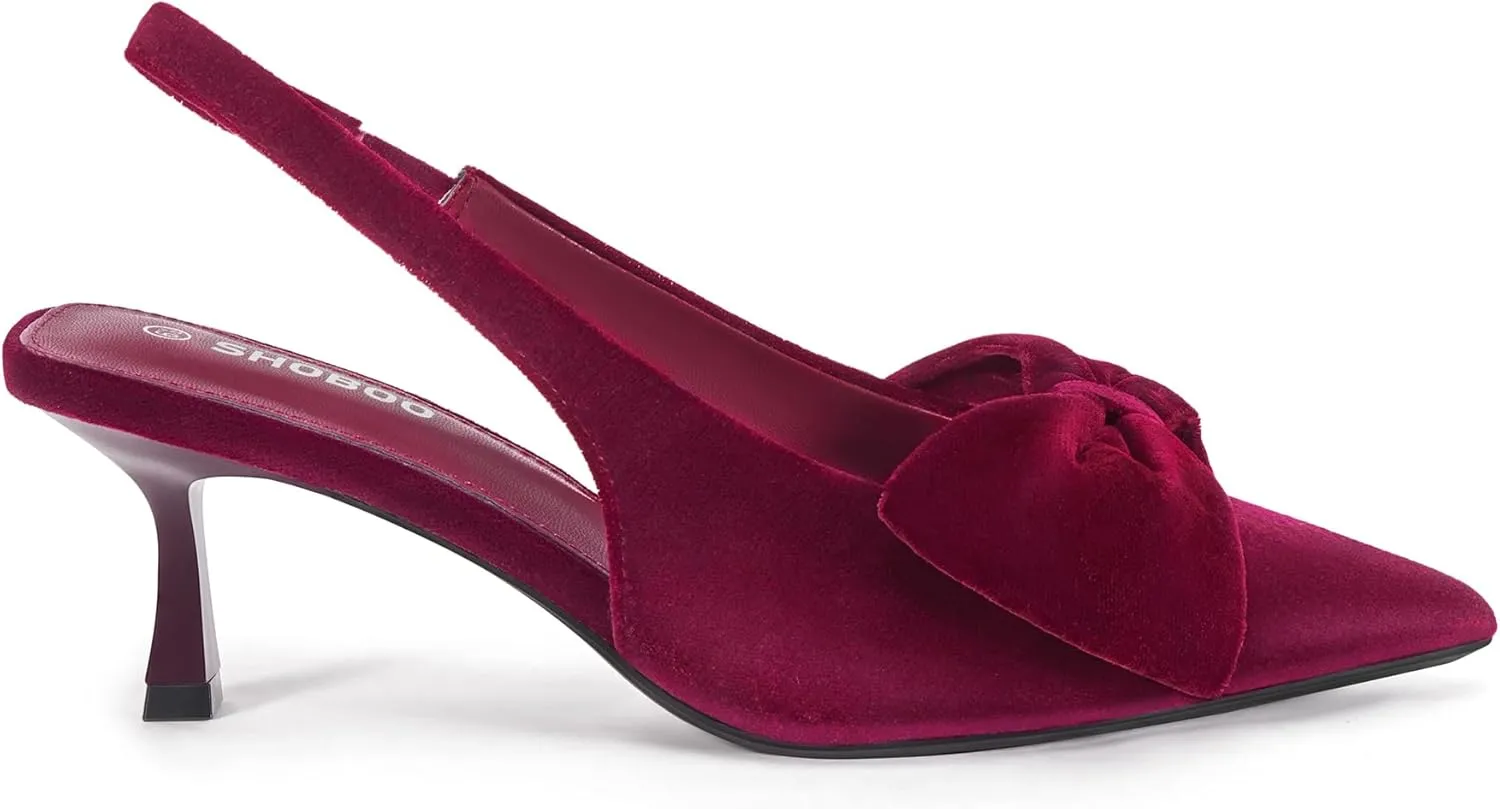 Women's Bow Slingback Heels Pointed Toe Kitten Pumps Dress Shoes with Elastic Strap - 2.4'' Inches Height
