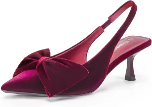 Women's Bow Slingback Heels Pointed Toe Kitten Pumps Dress Shoes with Elastic Strap - 2.4'' Inches Height