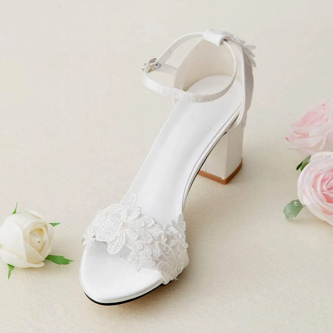 Women's Bridal Shoes Open Toe Comfortable Mid Block Heel Lace Satin Ankle Strap Wedding Dress Pump Sandals
