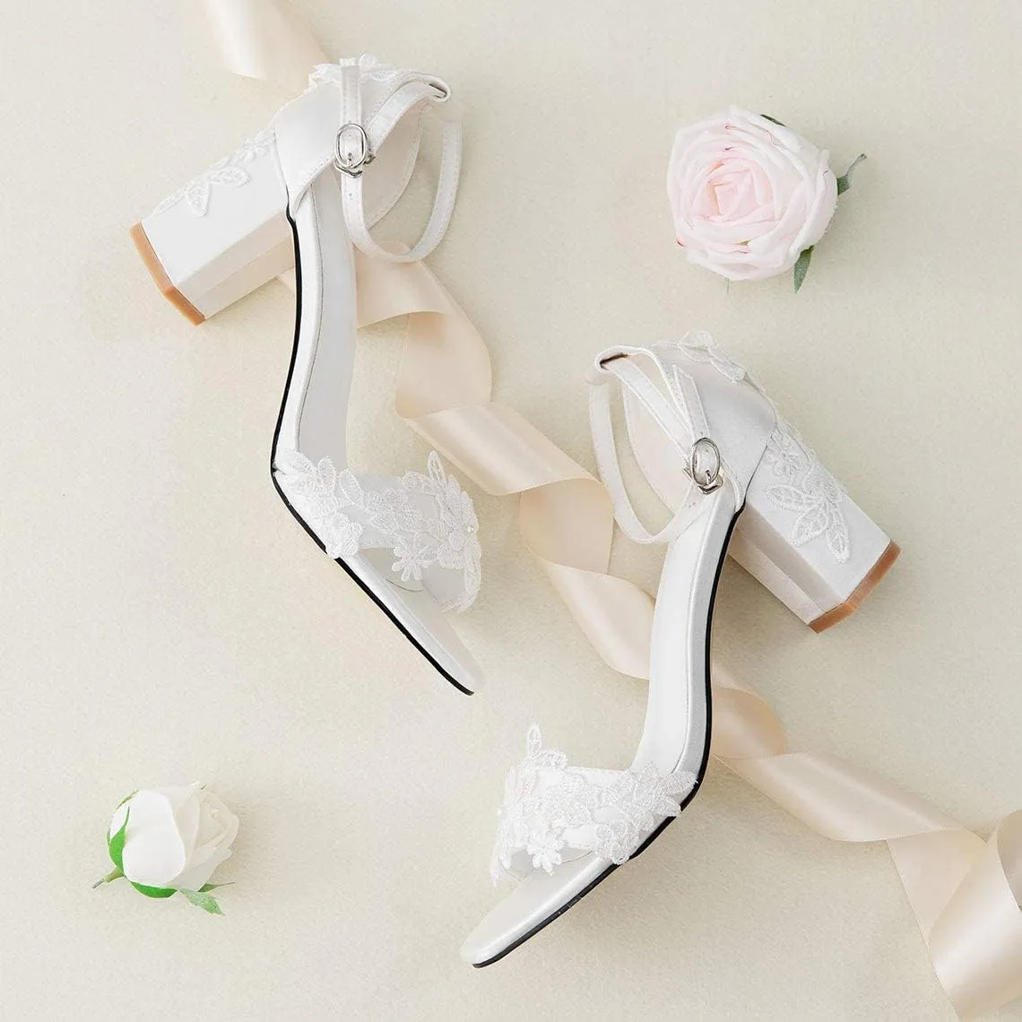 Women's Bridal Shoes Open Toe Comfortable Mid Block Heel Lace Satin Ankle Strap Wedding Dress Pump Sandals