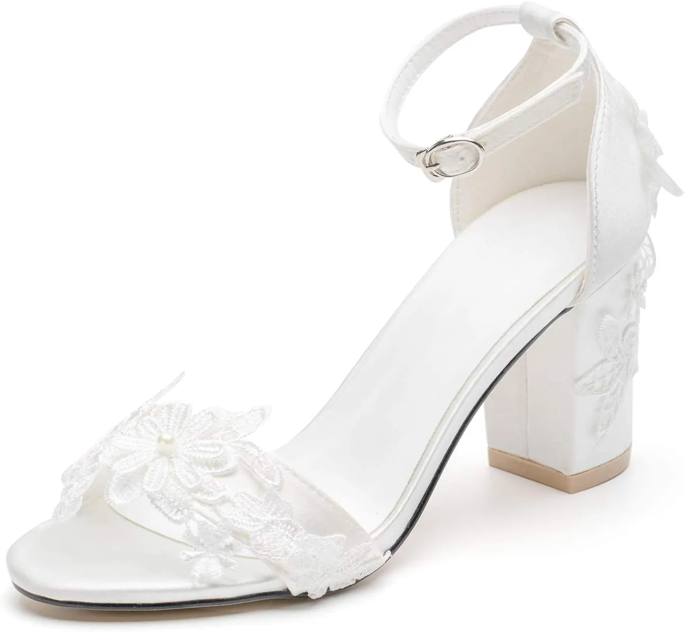 Women's Bridal Shoes Open Toe Comfortable Mid Block Heel Lace Satin Ankle Strap Wedding Dress Pump Sandals