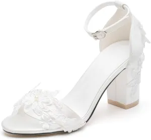 Women's Bridal Shoes Open Toe Comfortable Mid Block Heel Lace Satin Ankle Strap Wedding Dress Pump Sandals