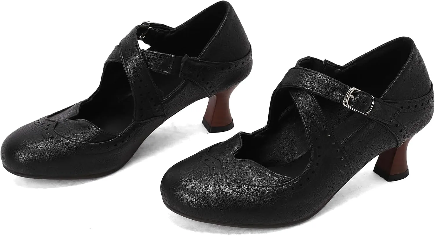Women's Brown Classic Leather Stacked Heel Dress Round Toe Elegant Office Pumps