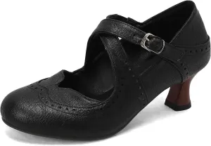 Women's Brown Classic Leather Stacked Heel Dress Round Toe Elegant Office Pumps