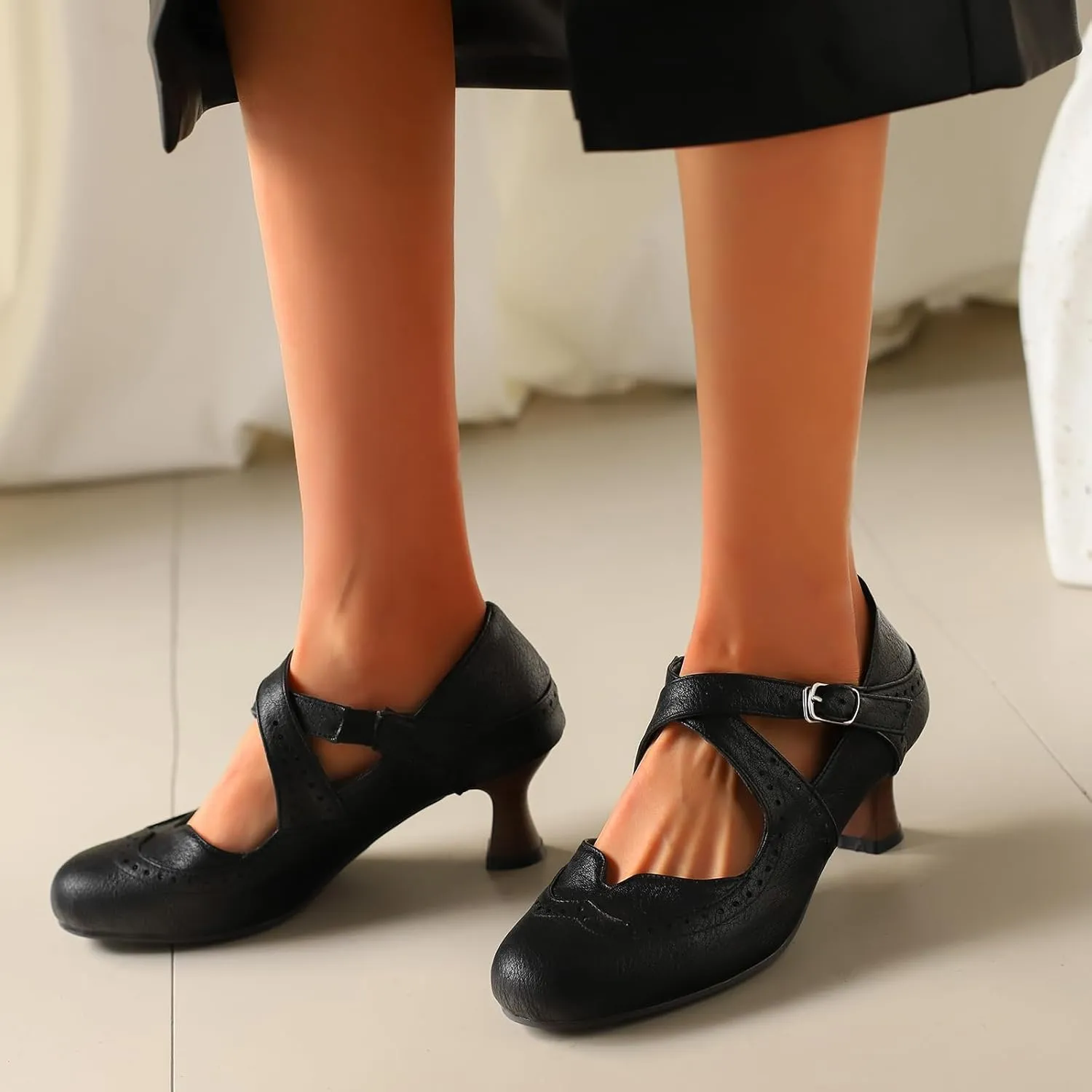 Women's Brown Classic Leather Stacked Heel Dress Round Toe Elegant Office Pumps
