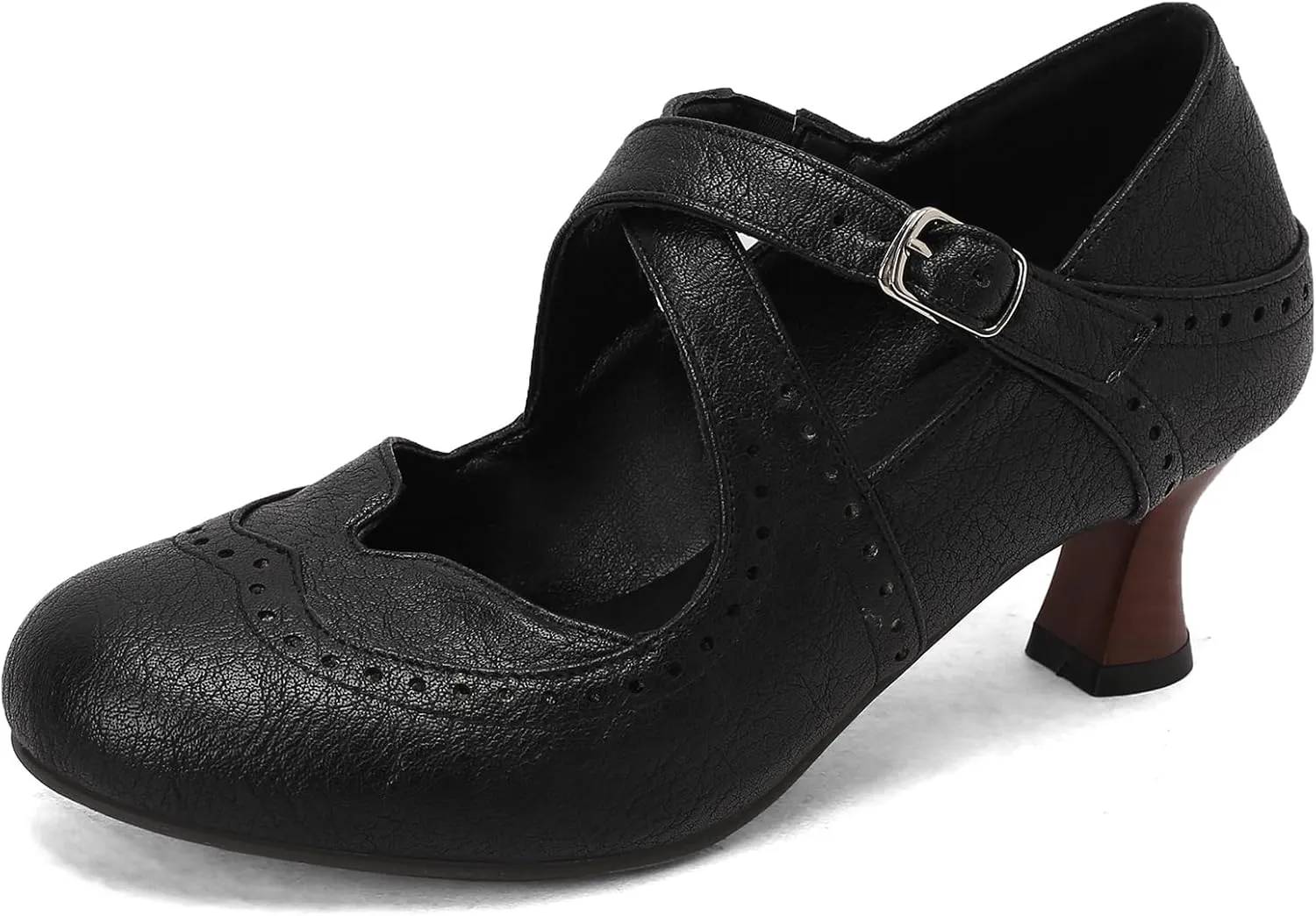 Women's Brown Classic Leather Stacked Heel Dress Round Toe Elegant Office Pumps