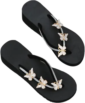 Womens Butterfly Rhinestone Flip Flop Sandals Summer Casual Thong Strap Clip Toe Wedge Heel Platform Slipper Comfortable Slip-on Beach Shoes