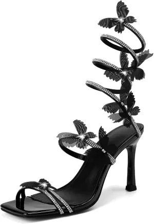 Women's Butterly Heels Rhinestone Stilettos Elegant Open Square ToeSpiral Wrap Around Dress High Heel Sandals For Wedding Party Prom