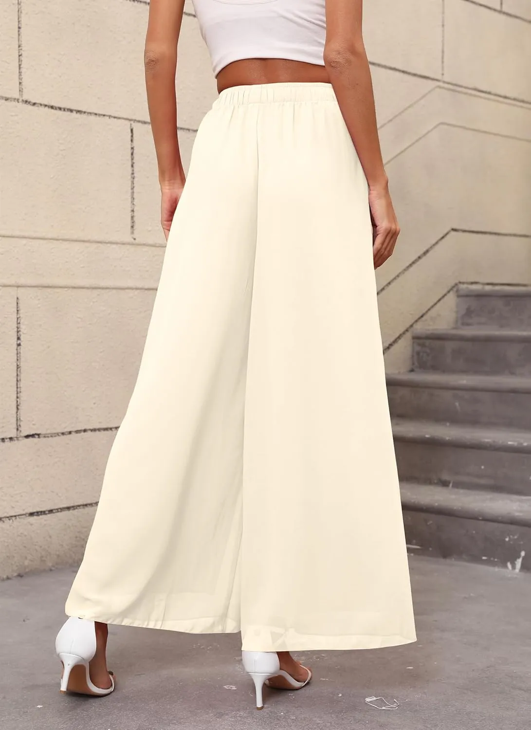 Women's Chiffon Dress Palazzo Pants Beach Wide Leg Elastic Waist Trouser Elegant Flowy High Waisted Ladies Lounge