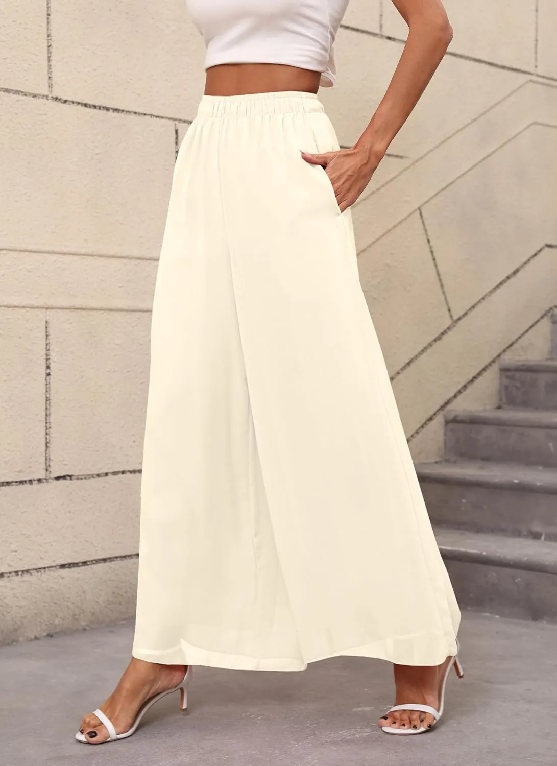 Women's Chiffon Dress Palazzo Pants Beach Wide Leg Elastic Waist Trouser Elegant Flowy High Waisted Ladies Lounge