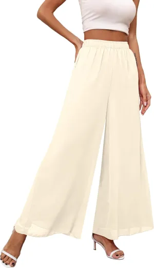 Women's Chiffon Dress Palazzo Pants Beach Wide Leg Elastic Waist Trouser Elegant Flowy High Waisted Ladies Lounge